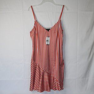 LEA & VIOLA WOMENS ORANGE RED/GRAY STRIPE DRESS SZ M ADJ STRAPS LINED RUFFLE NEW